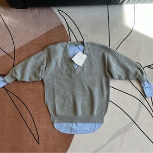 Alexanderwang.t bi-layered ribbed cotton blend V neck pullover w/oxford shirt